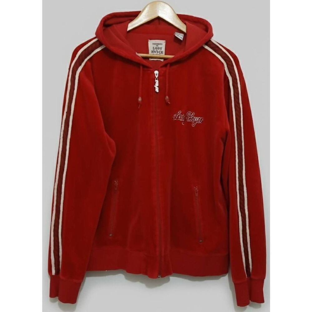 Vintage Y2k lady enyce womens large velour hoodie velvet red full zip sweater